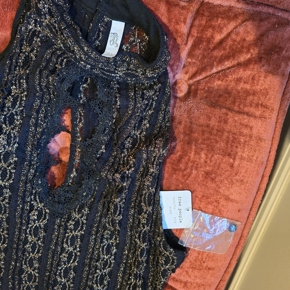 NWT Free People Black & Gold Stretch Lace Mini Dress Button Back Mock Neck Sz. S - Picture 11 of 12